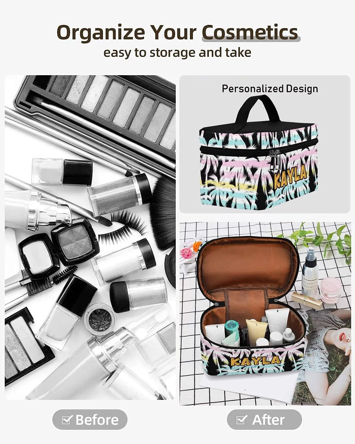YESCUSTOM Personalized Makeup Bag Large Travel Cosmetic Bags for Girls Women Kids, Coconut Tree Waterproof Make up Organizer Case Toiletry Bag