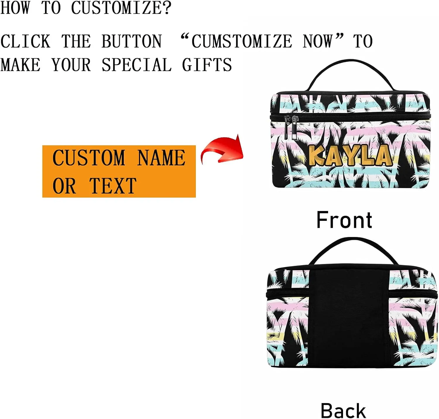 YESCUSTOM Personalized Makeup Bag Large Travel Cosmetic Bags for Girls Women Kids, Coconut Tree Waterproof Make up Organizer Case Toiletry Bag