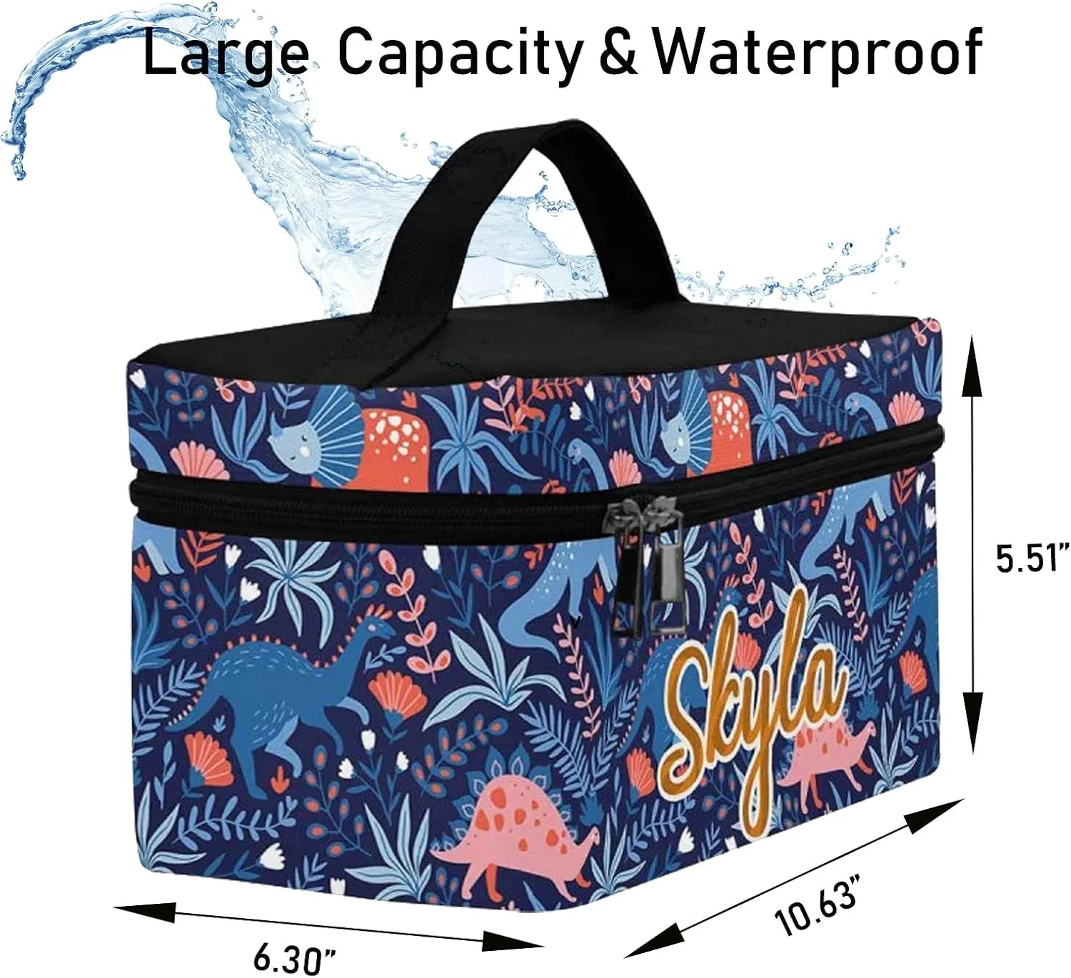 YESCUSTOM Personalized Makeup Bag Large Travel Cosmetic Bags for Girls Women Kids, Dinosaur Waterproof Make up Organizer Case Toiletry Bag