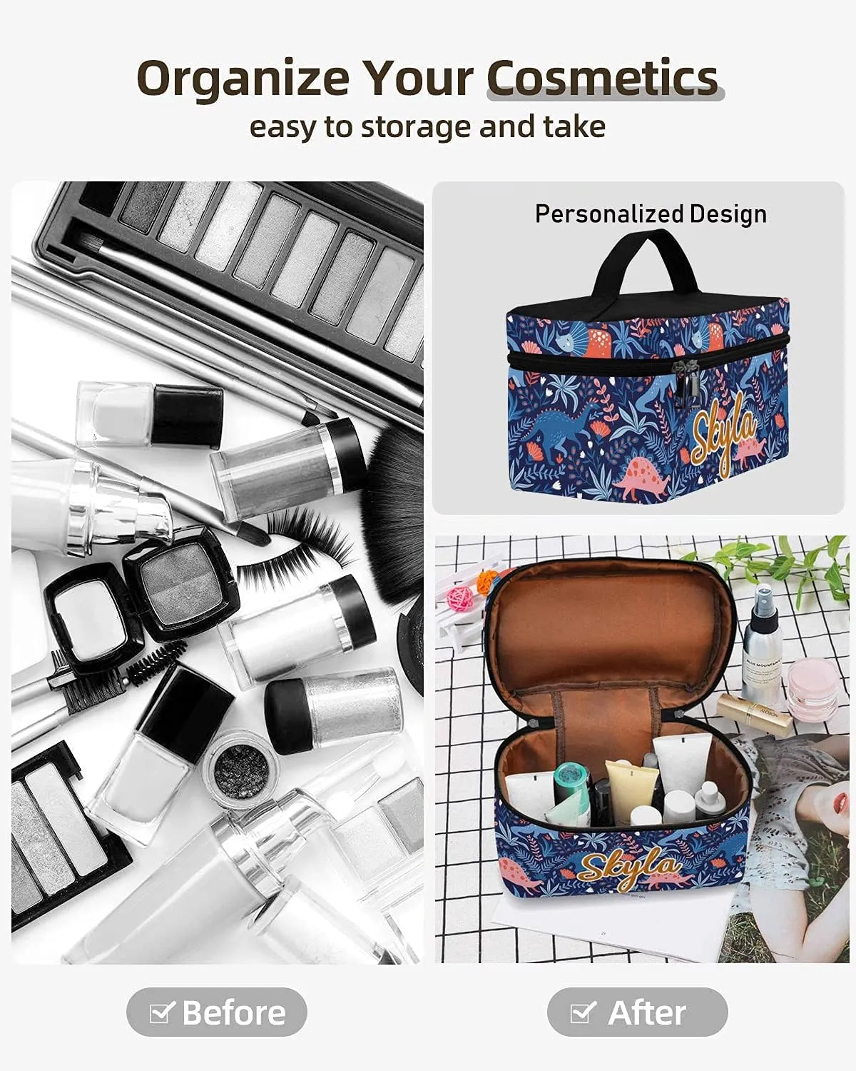 YESCUSTOM Personalized Makeup Bag Large Travel Cosmetic Bags for Girls Women Kids, Dinosaur Waterproof Make up Organizer Case Toiletry Bag