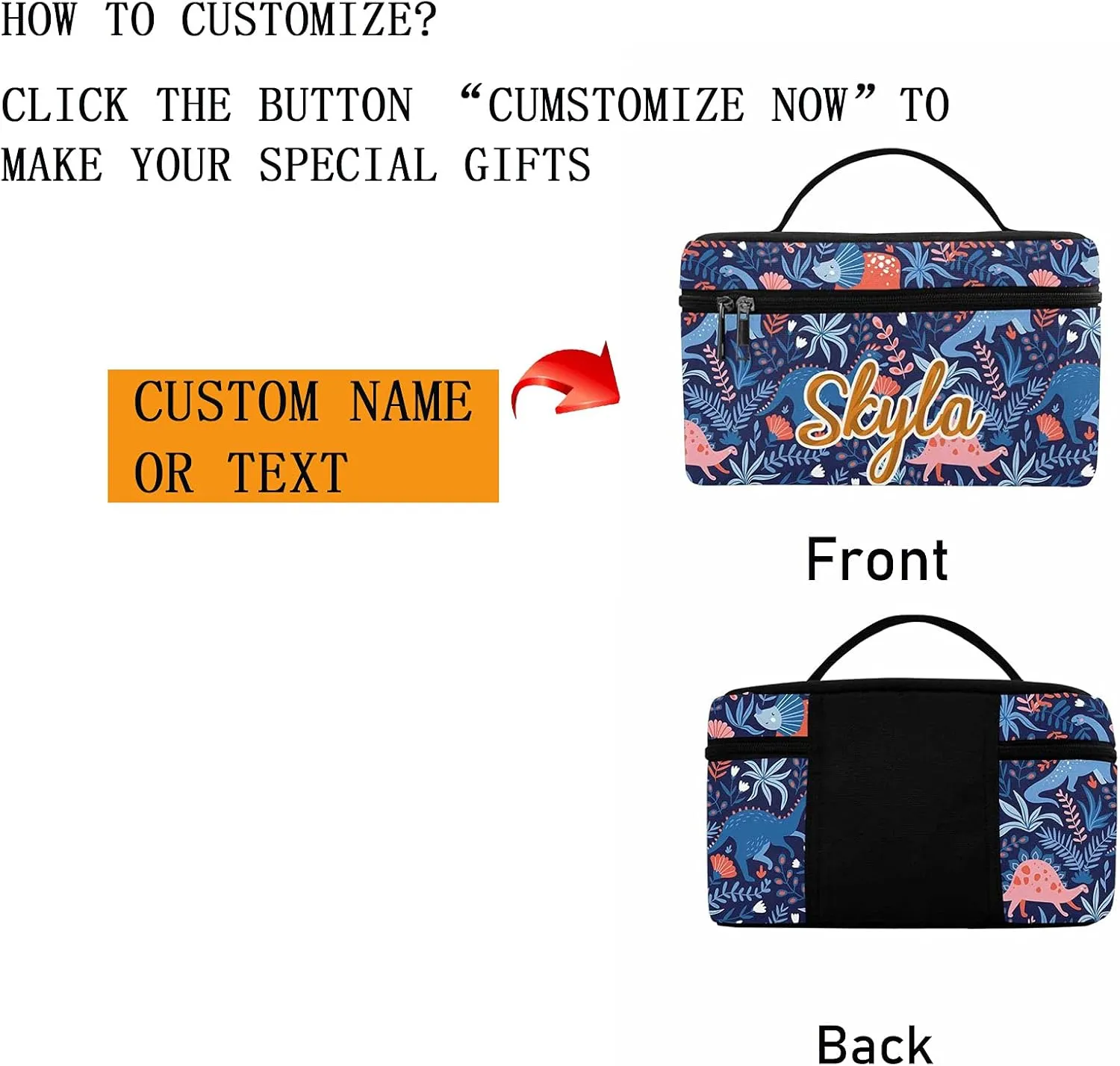 YESCUSTOM Personalized Makeup Bag Large Travel Cosmetic Bags for Girls Women Kids, Dinosaur Waterproof Make up Organizer Case Toiletry Bag