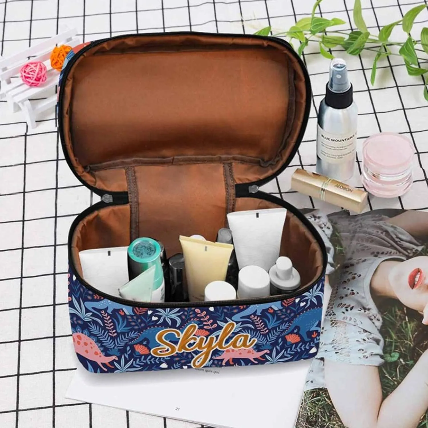 YESCUSTOM Personalized Makeup Bag Large Travel Cosmetic Bags for Girls Women Kids, Dinosaur Waterproof Make up Organizer Case Toiletry Bag