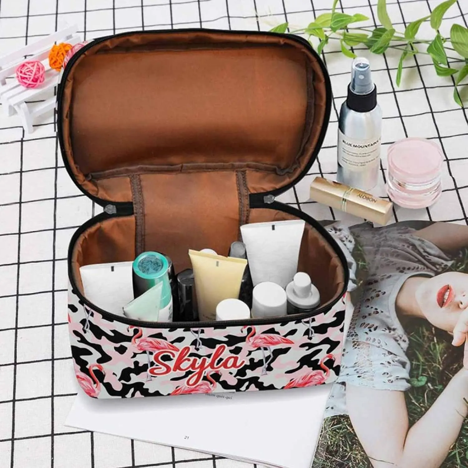 YESCUSTOM Personalized Makeup Bag Large Travel Cosmetic Bags for Girls Women Kids, Flamingo Camo Waterproof Make up Organizer Case Toiletry Bag