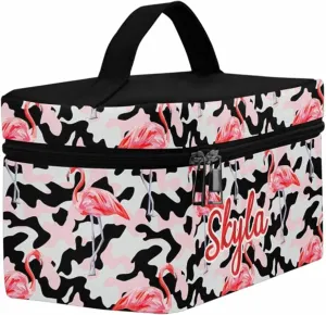 YESCUSTOM Personalized Makeup Bag Large Travel Cosmetic Bags for Girls Women Kids, Flamingo Camo Waterproof Make up Organizer Case Toiletry Bag