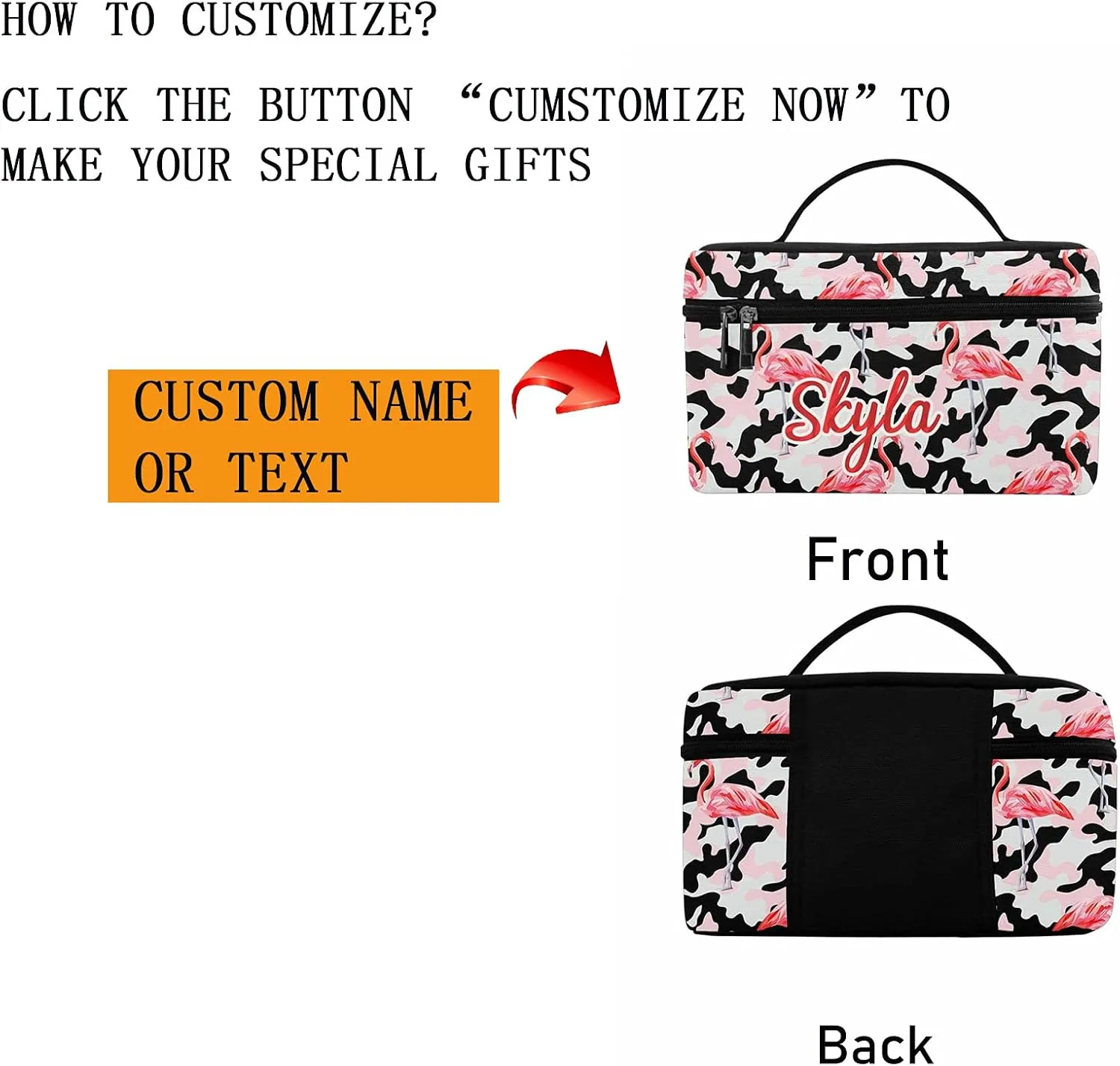 YESCUSTOM Personalized Makeup Bag Large Travel Cosmetic Bags for Girls Women Kids, Flamingo Camo Waterproof Make up Organizer Case Toiletry Bag