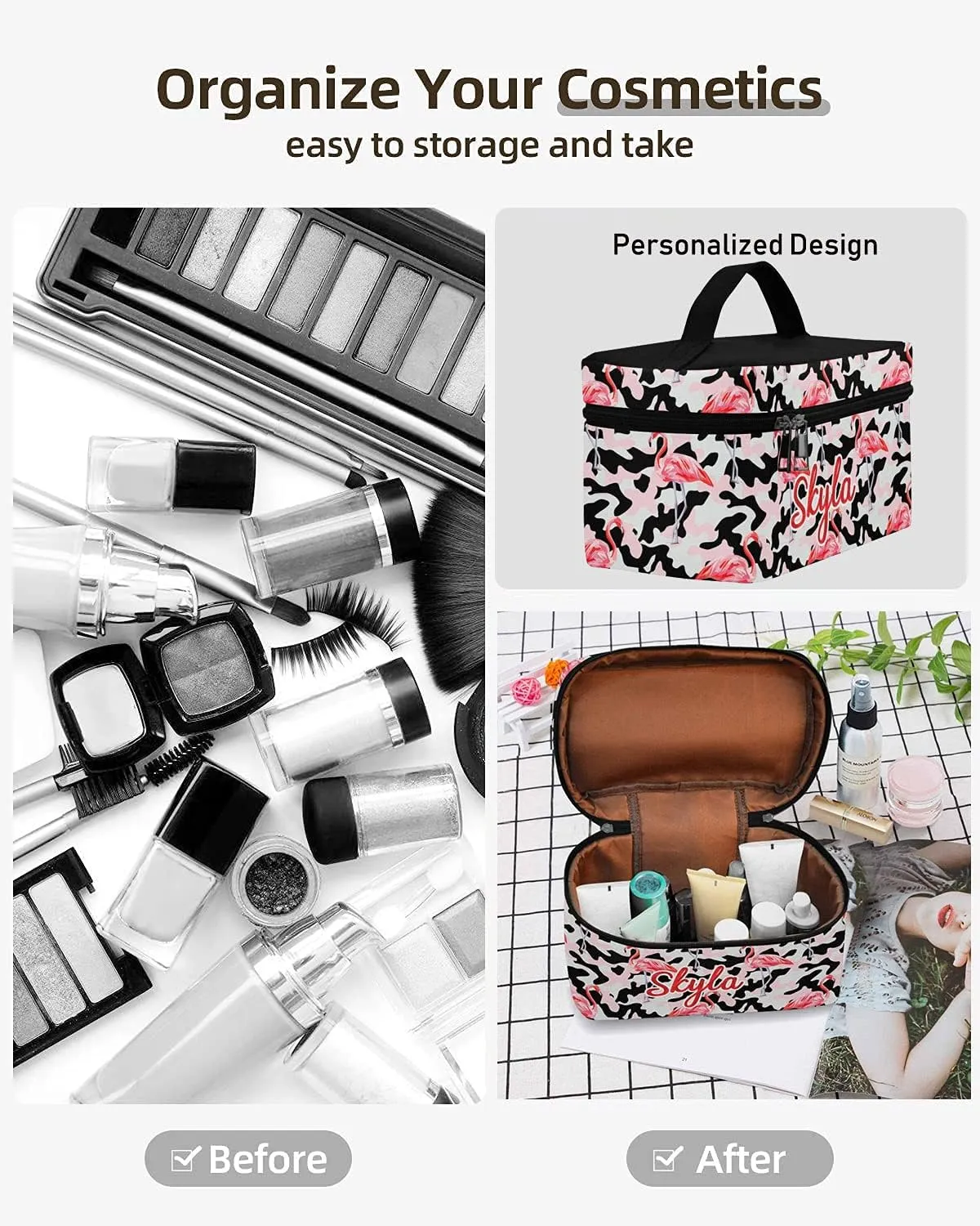 YESCUSTOM Personalized Makeup Bag Large Travel Cosmetic Bags for Girls Women Kids, Flamingo Camo Waterproof Make up Organizer Case Toiletry Bag