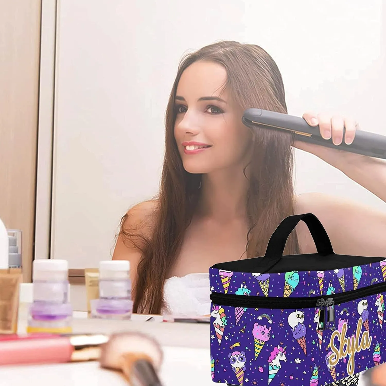 YESCUSTOM Personalized Makeup Bag Large Travel Cosmetic Bags for Girls Women Kids, Ice Cat Waterproof Make up Organizer Case Toiletry Bag