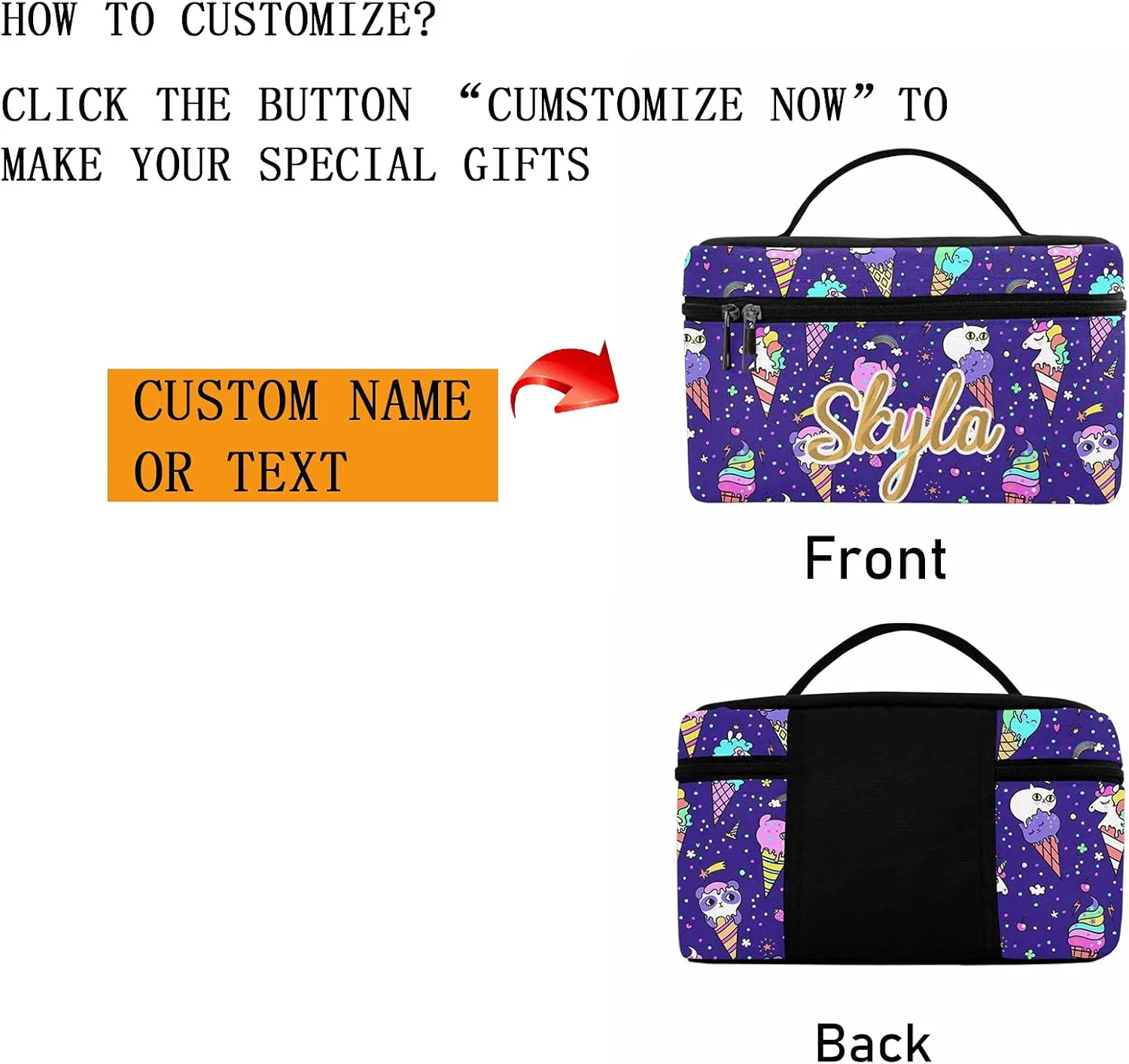 YESCUSTOM Personalized Makeup Bag Large Travel Cosmetic Bags for Girls Women Kids, Ice Cat Waterproof Make up Organizer Case Toiletry Bag