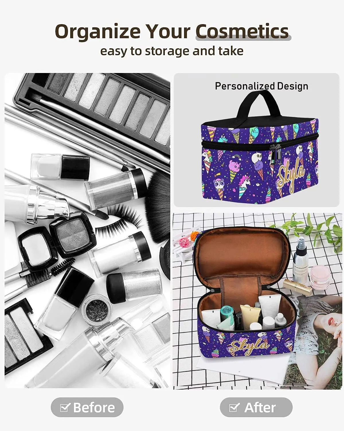 YESCUSTOM Personalized Makeup Bag Large Travel Cosmetic Bags for Girls Women Kids, Ice Cat Waterproof Make up Organizer Case Toiletry Bag