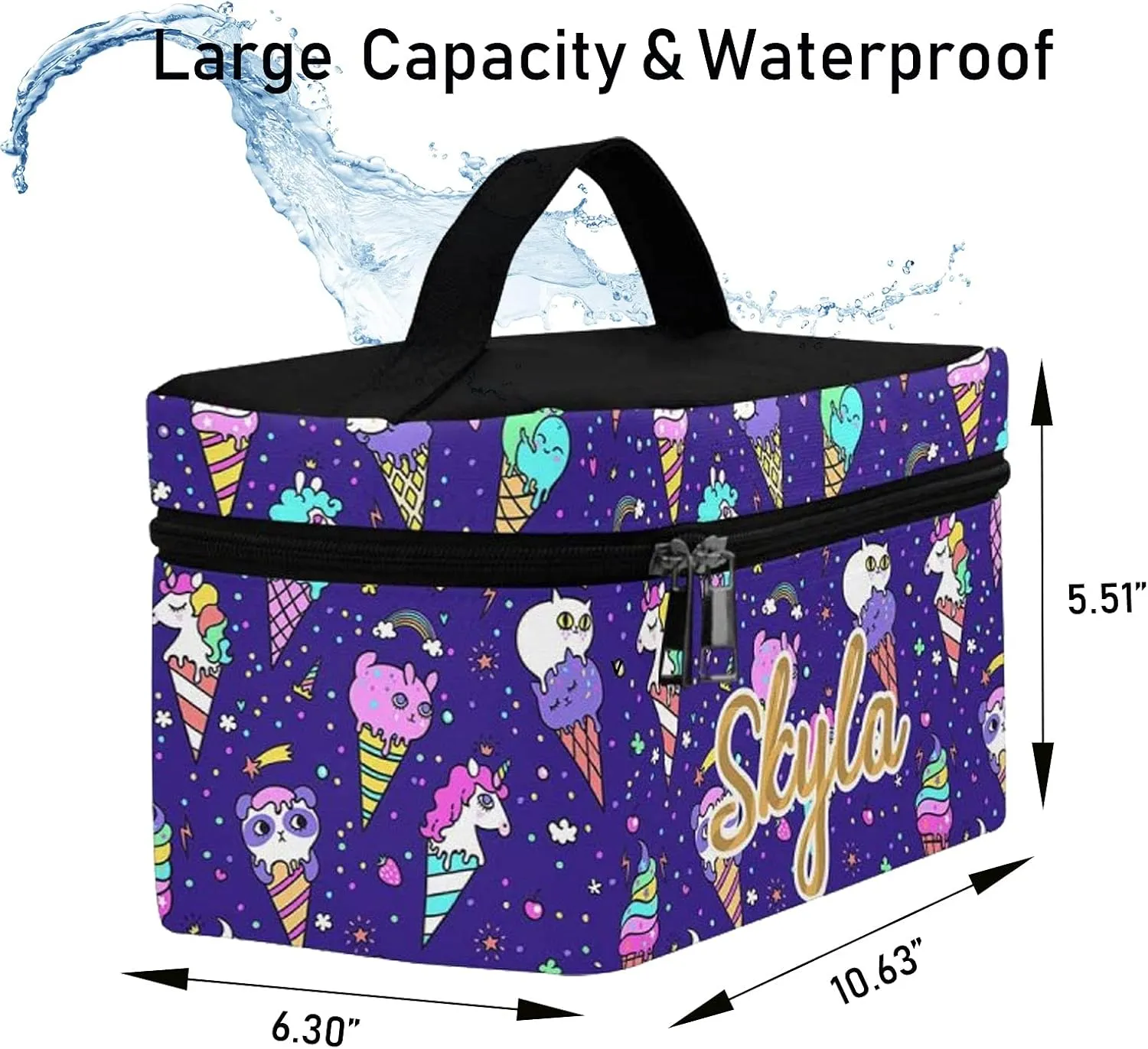 YESCUSTOM Personalized Makeup Bag Large Travel Cosmetic Bags for Girls Women Kids, Ice Cat Waterproof Make up Organizer Case Toiletry Bag