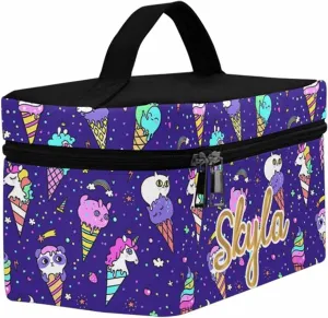 YESCUSTOM Personalized Makeup Bag Large Travel Cosmetic Bags for Girls Women Kids, Ice Cat Waterproof Make up Organizer Case Toiletry Bag