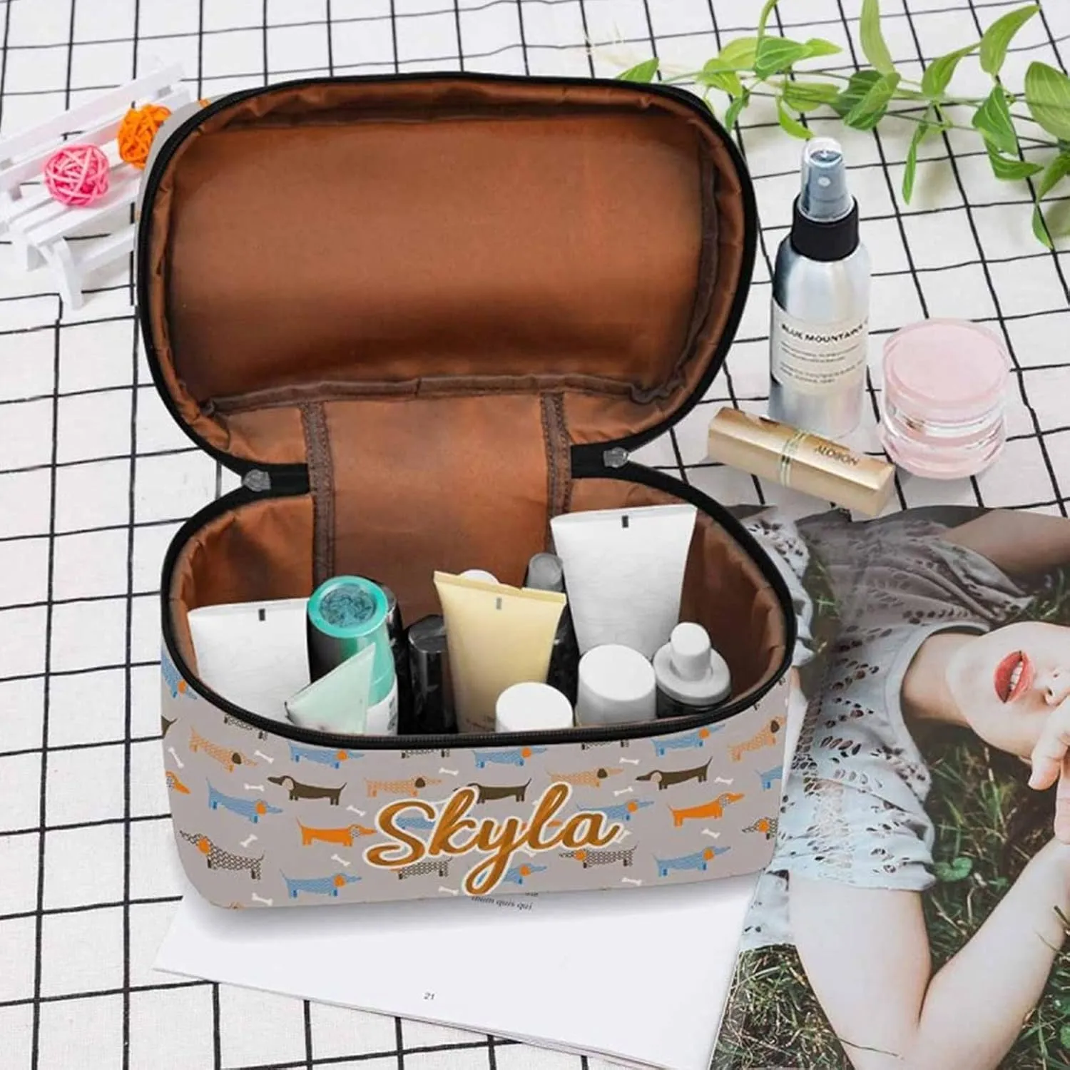 YESCUSTOM Personalized Makeup Bag Large Travel Cosmetic Bags for Girls Women Kids, Puppy Waterproof Make up Organizer Case Toiletry Bag