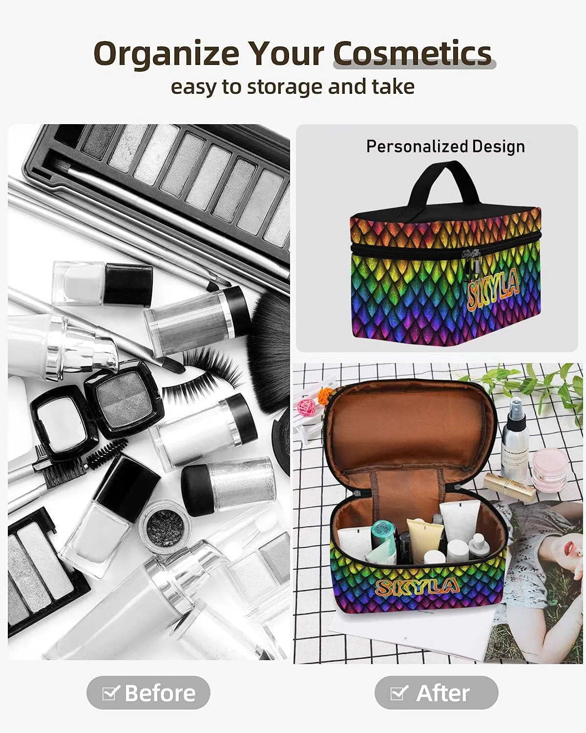 YESCUSTOM Personalized Makeup Bag Large Travel Cosmetic Bags for Girls Women Kids, Rainbow Diamond Waterproof Make up Organizer Case Toiletry Bag