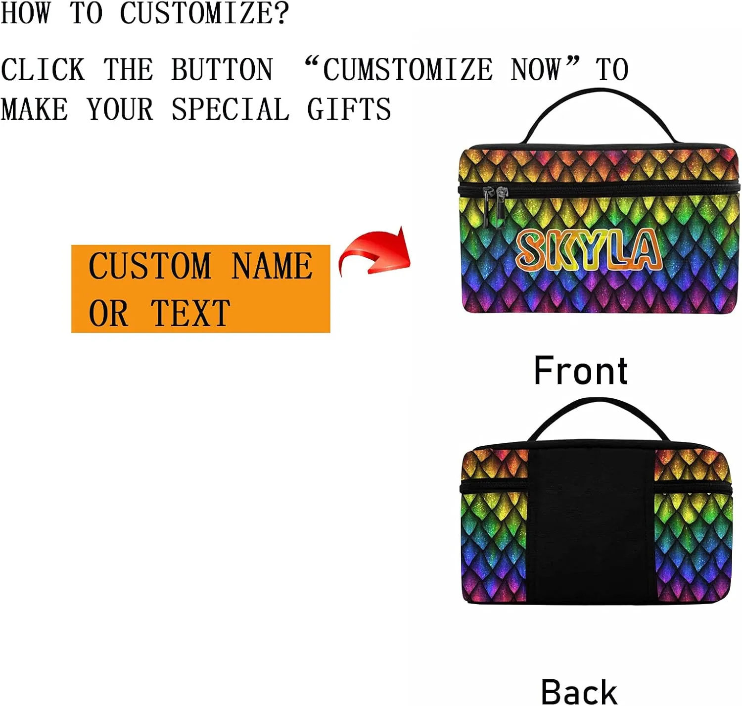 YESCUSTOM Personalized Makeup Bag Large Travel Cosmetic Bags for Girls Women Kids, Rainbow Diamond Waterproof Make up Organizer Case Toiletry Bag