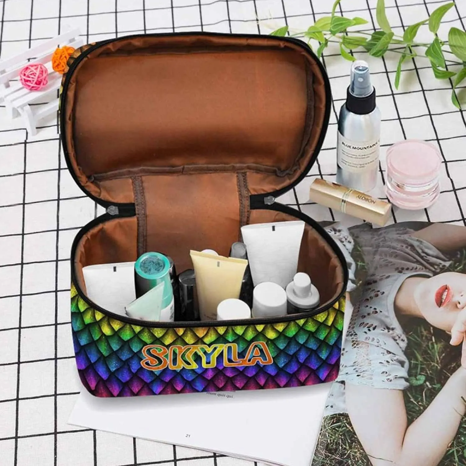 YESCUSTOM Personalized Makeup Bag Large Travel Cosmetic Bags for Girls Women Kids, Rainbow Diamond Waterproof Make up Organizer Case Toiletry Bag