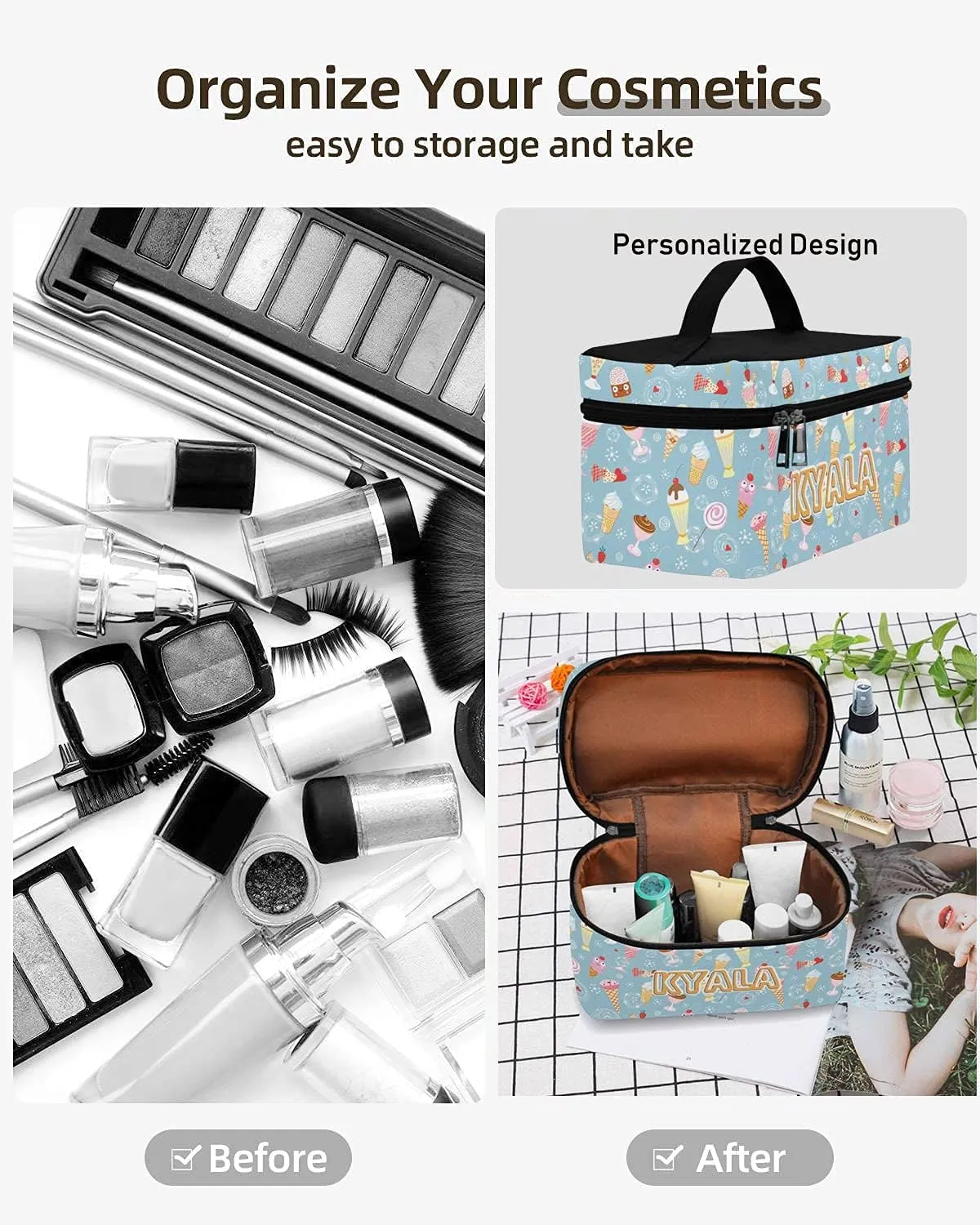 YESCUSTOM Personalized Makeup Bag Large Travel Cosmetic Bags for Girls Women Kids, Summer Print Waterproof Make up Organizer Case Toiletry Bag