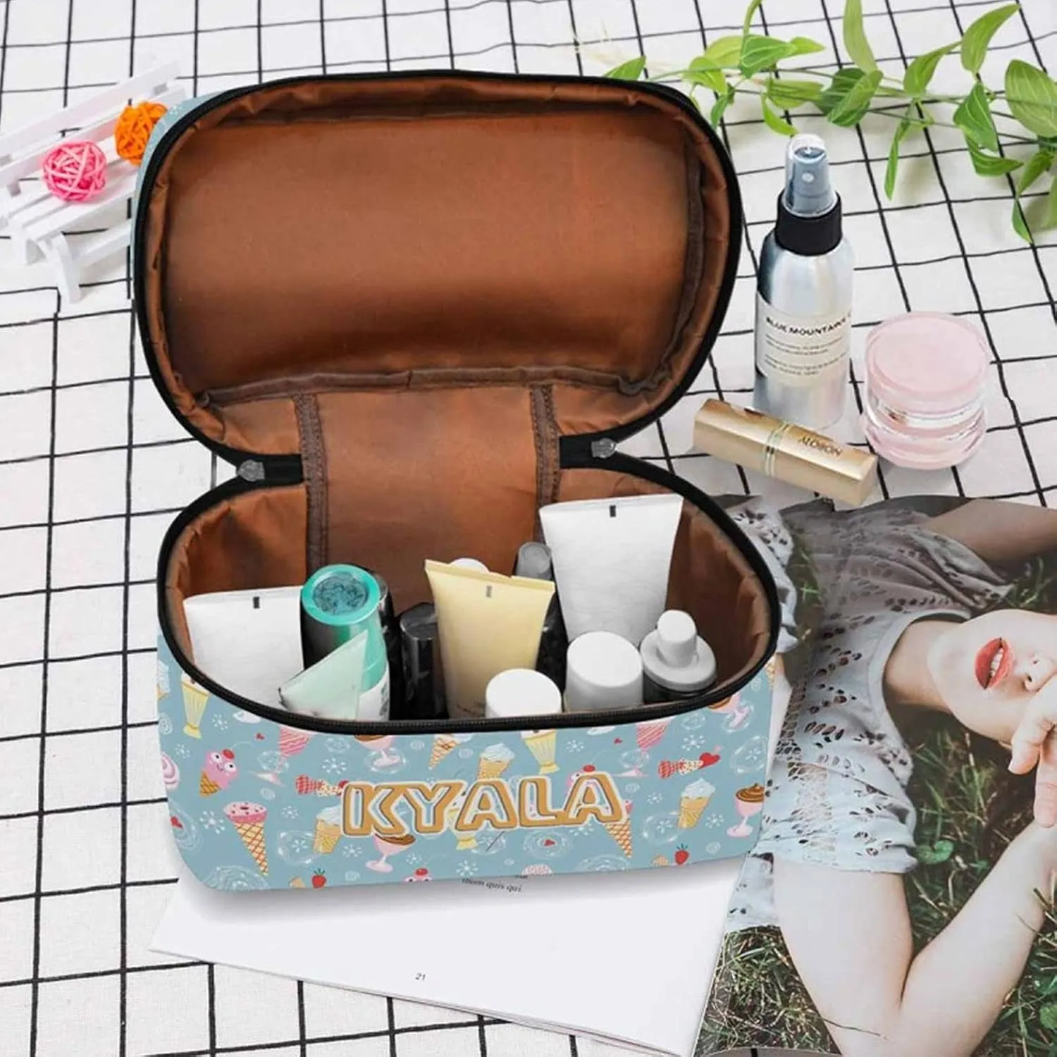 YESCUSTOM Personalized Makeup Bag Large Travel Cosmetic Bags for Girls Women Kids, Summer Print Waterproof Make up Organizer Case Toiletry Bag