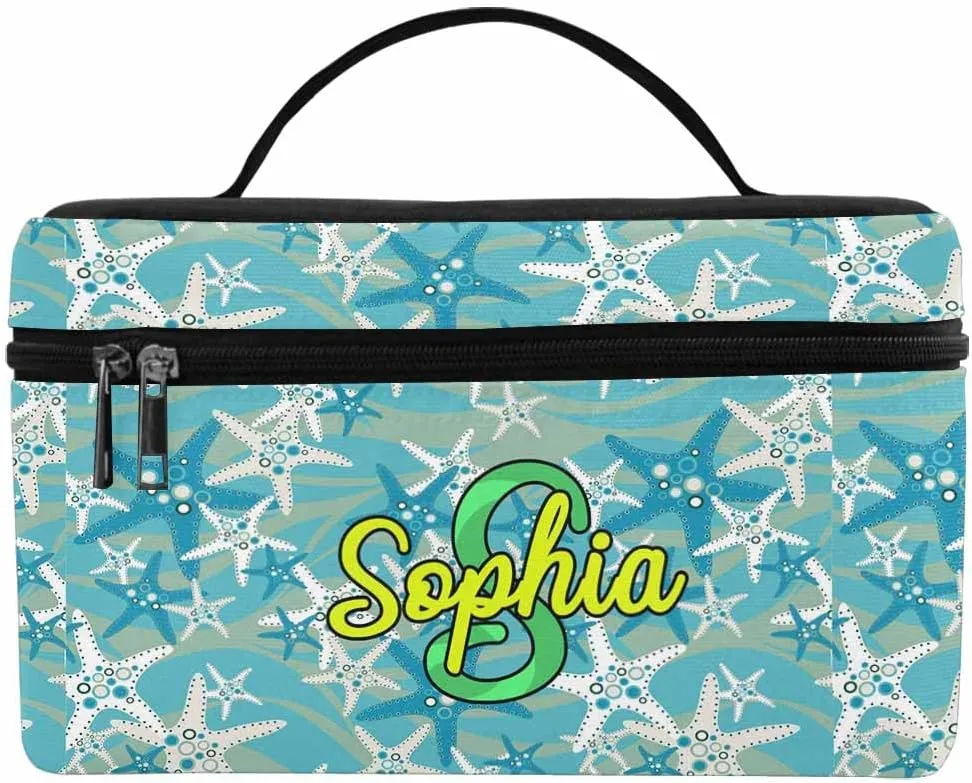 YESCUSTOM Personalized Makeup Bag Large Travel Pouch Cosmetic Bags for Women Girls, Blue Beach Starfish Costomized Portable Organizer Case,Tote Toiletry Pouch with Custom Name