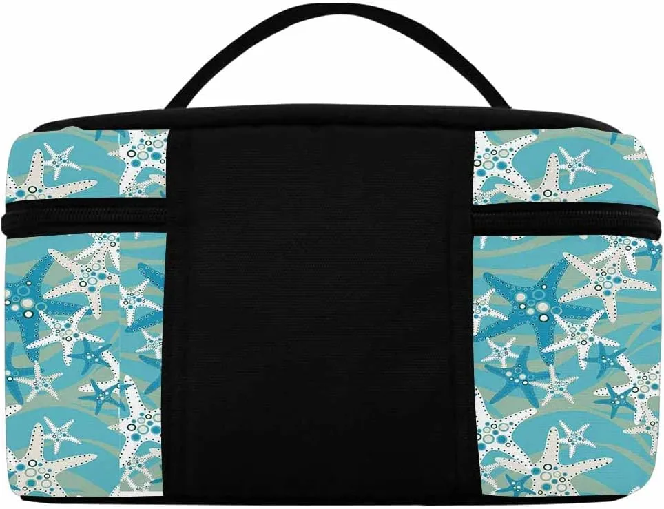 YESCUSTOM Personalized Makeup Bag Large Travel Pouch Cosmetic Bags for Women Girls, Blue Beach Starfish Costomized Portable Organizer Case,Tote Toiletry Pouch with Custom Name
