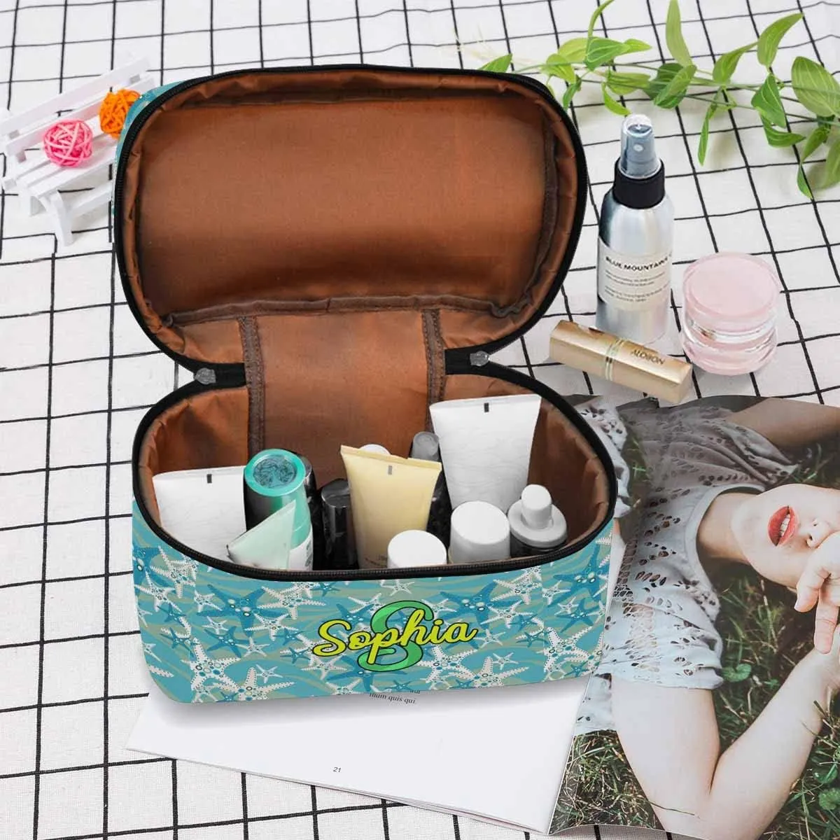 YESCUSTOM Personalized Makeup Bag Large Travel Pouch Cosmetic Bags for Women Girls, Blue Beach Starfish Costomized Portable Organizer Case,Tote Toiletry Pouch with Custom Name