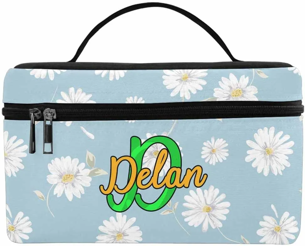 YESCUSTOM Personalized Makeup Bag Large Travel Pouch Cosmetic Bags for Women Girls, Blue Daisy Costomized Portable Organizer Case, Tote Toiletry Pouch with Custom Name