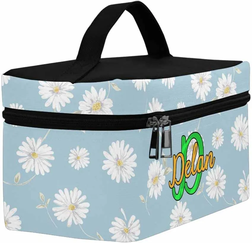 YESCUSTOM Personalized Makeup Bag Large Travel Pouch Cosmetic Bags for Women Girls, Blue Daisy Costomized Portable Organizer Case, Tote Toiletry Pouch with Custom Name