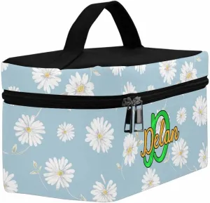 YESCUSTOM Personalized Makeup Bag Large Travel Pouch Cosmetic Bags for Women Girls, Blue Daisy Costomized Portable Organizer Case, Tote Toiletry Pouch with Custom Name
