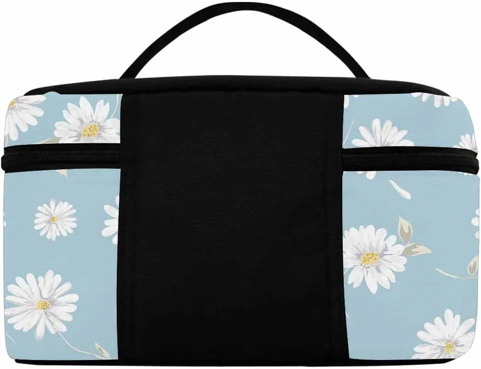 YESCUSTOM Personalized Makeup Bag Large Travel Pouch Cosmetic Bags for Women Girls, Blue Daisy Costomized Portable Organizer Case, Tote Toiletry Pouch with Custom Name
