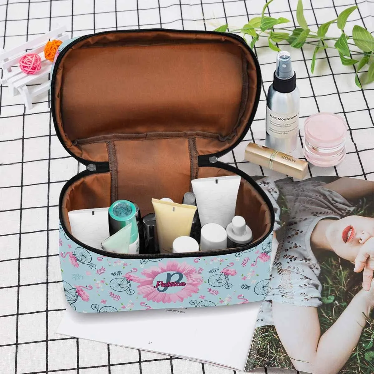 YESCUSTOM Personalized Makeup Bag Large Travel Pouch Cosmetic Bags for Women Girls, Blue Flammingos Costomized Portable Organizer Case, Tote Toiletry Pouch with Custom Name