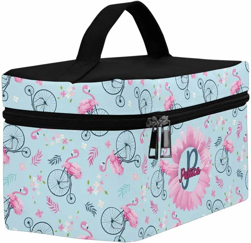 YESCUSTOM Personalized Makeup Bag Large Travel Pouch Cosmetic Bags for Women Girls, Blue Flammingos Costomized Portable Organizer Case, Tote Toiletry Pouch with Custom Name