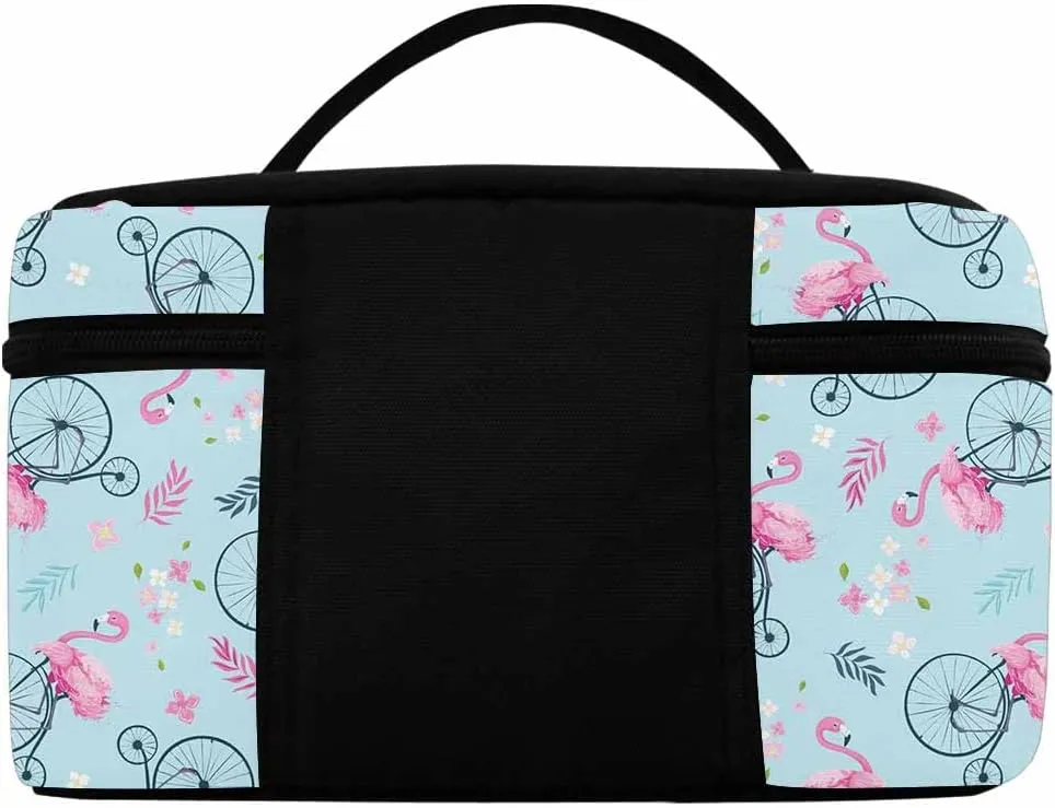YESCUSTOM Personalized Makeup Bag Large Travel Pouch Cosmetic Bags for Women Girls, Blue Flammingos Costomized Portable Organizer Case, Tote Toiletry Pouch with Custom Name