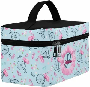 YESCUSTOM Personalized Makeup Bag Large Travel Pouch Cosmetic Bags for Women Girls, Blue Flammingos Costomized Portable Organizer Case, Tote Toiletry Pouch with Custom Name
