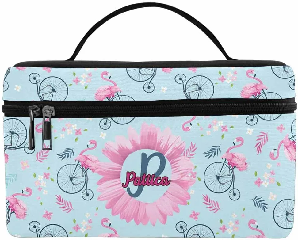 YESCUSTOM Personalized Makeup Bag Large Travel Pouch Cosmetic Bags for Women Girls, Blue Flammingos Costomized Portable Organizer Case, Tote Toiletry Pouch with Custom Name