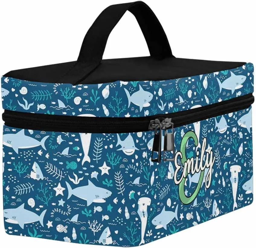 YESCUSTOM Personalized Makeup Bag Large Travel Pouch Cosmetic Bags for Women Girls, Ocean Blue Shark Costomized Portable Organizer Case,Tote Toiletry Pouch with Custom Name