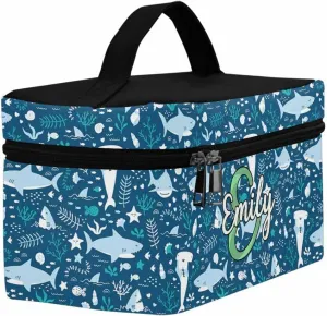 YESCUSTOM Personalized Makeup Bag Large Travel Pouch Cosmetic Bags for Women Girls, Ocean Blue Shark Costomized Portable Organizer Case,Tote Toiletry Pouch with Custom Name
