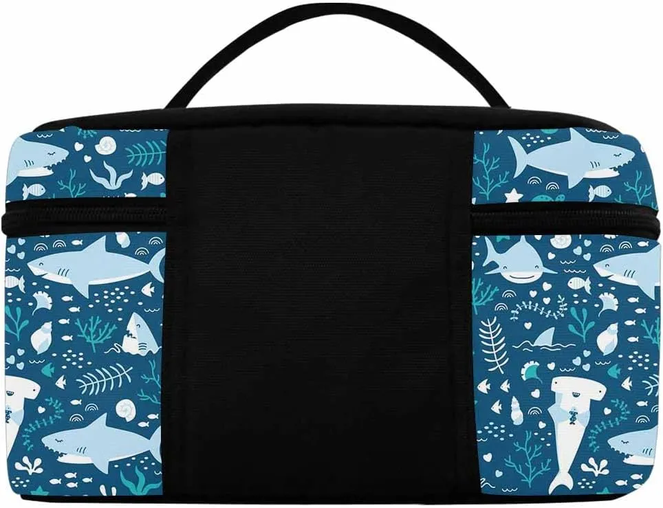 YESCUSTOM Personalized Makeup Bag Large Travel Pouch Cosmetic Bags for Women Girls, Ocean Blue Shark Costomized Portable Organizer Case,Tote Toiletry Pouch with Custom Name