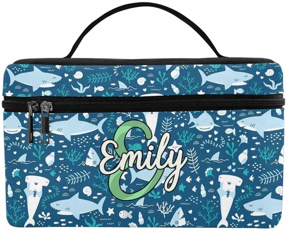 YESCUSTOM Personalized Makeup Bag Large Travel Pouch Cosmetic Bags for Women Girls, Ocean Blue Shark Costomized Portable Organizer Case,Tote Toiletry Pouch with Custom Name