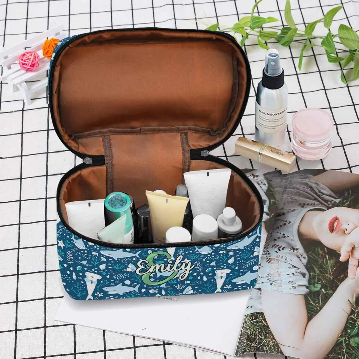 YESCUSTOM Personalized Makeup Bag Large Travel Pouch Cosmetic Bags for Women Girls, Ocean Blue Shark Costomized Portable Organizer Case,Tote Toiletry Pouch with Custom Name
