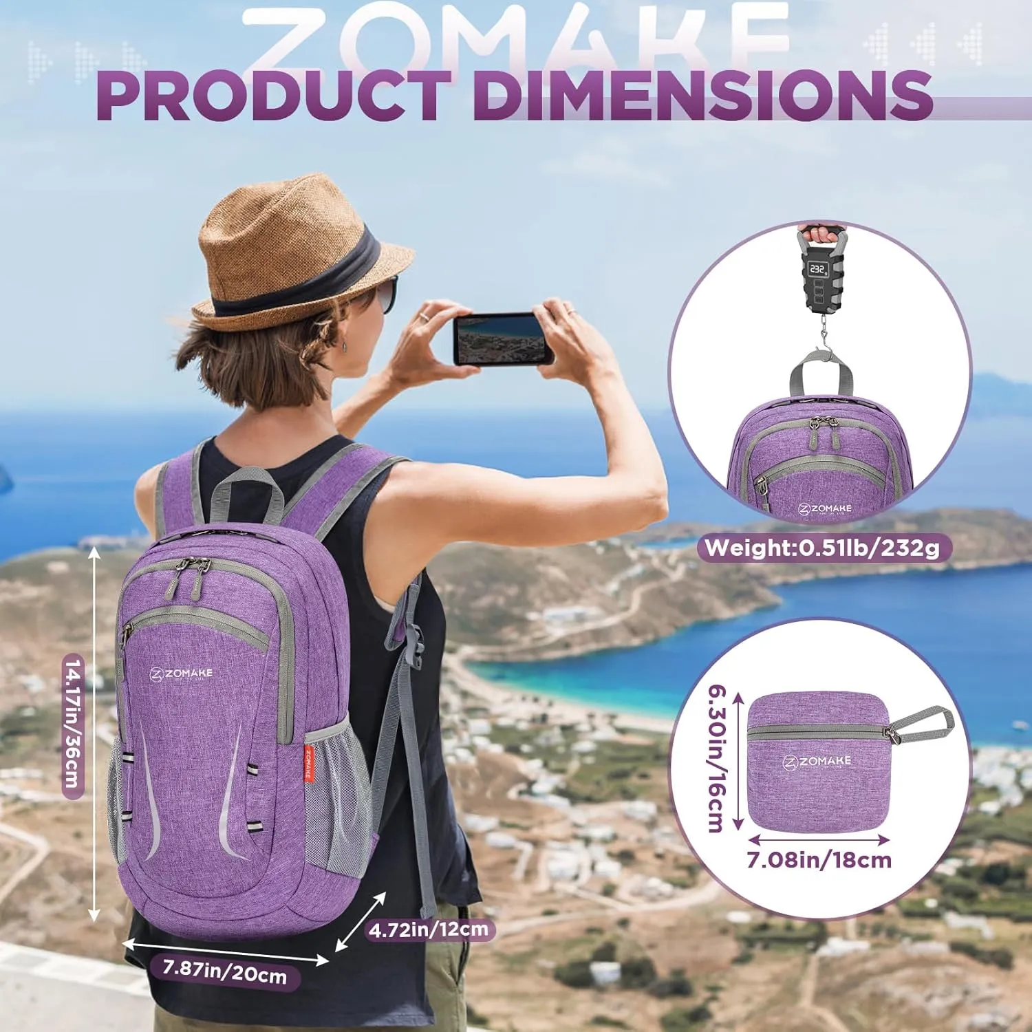 ZOMAKE Lightweight Packable Backpack 20L, Foldable Backpacks Small Daypack Hiking Daypacks Water Resistant Day Bag for Travel(Light Purple)