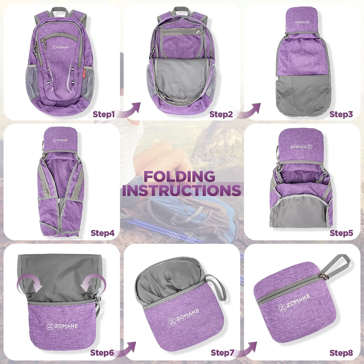 ZOMAKE Lightweight Packable Backpack 20L, Foldable Backpacks Small Daypack Hiking Daypacks Water Resistant Day Bag for Travel(Light Purple)