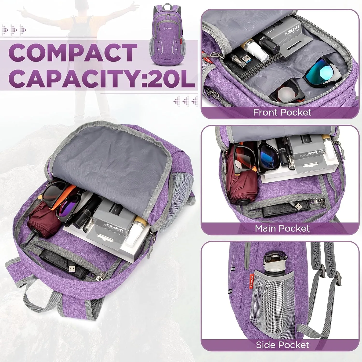 ZOMAKE Lightweight Packable Backpack 20L, Foldable Backpacks Small Daypack Hiking Daypacks Water Resistant Day Bag for Travel(Light Purple)