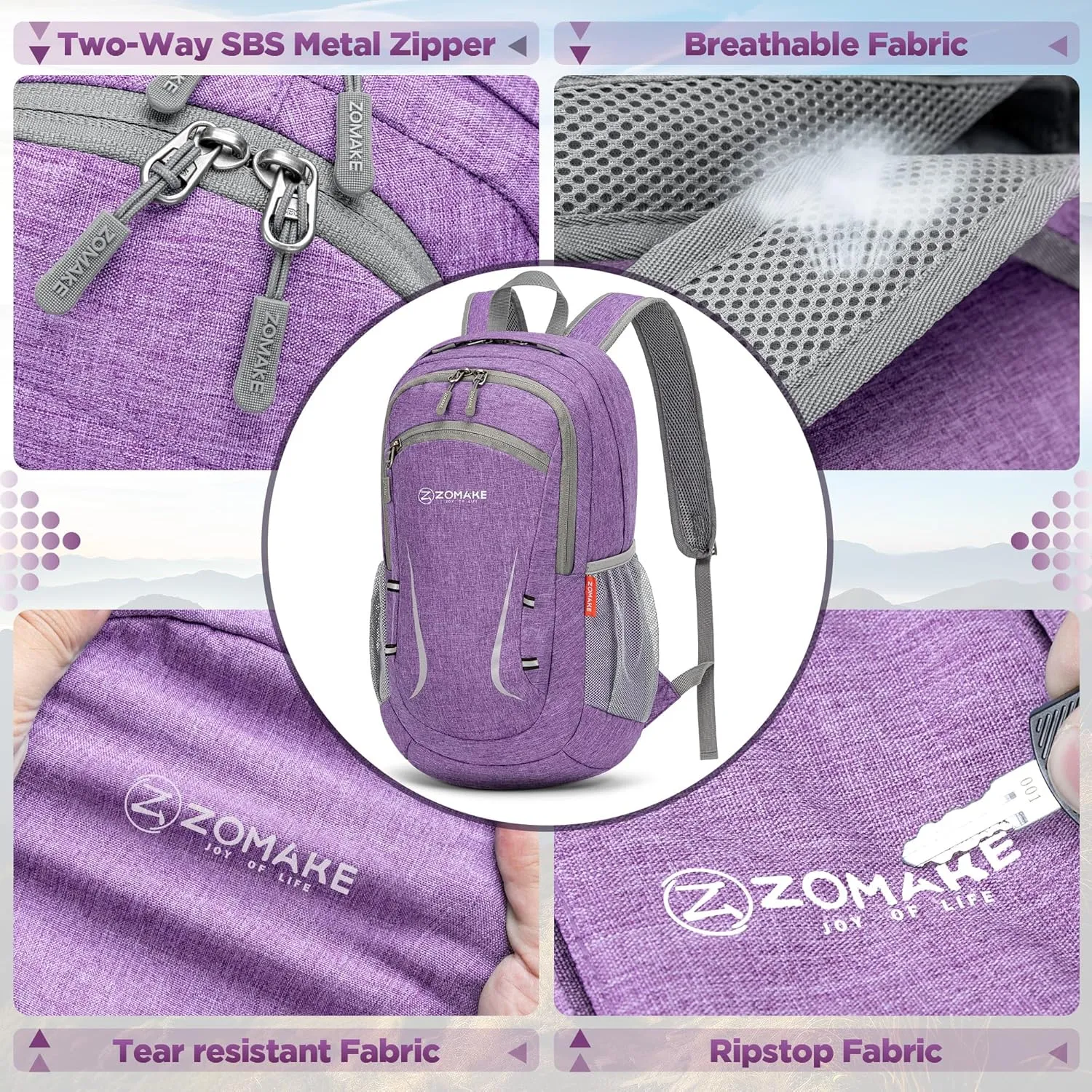 ZOMAKE Lightweight Packable Backpack 20L, Foldable Backpacks Small Daypack Hiking Daypacks Water Resistant Day Bag for Travel(Light Purple)